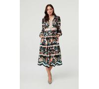 Izabel London Women's Floral Long Sleeve Buttoned Midi Dress in Black | Size: 10 Izabel London Black 10