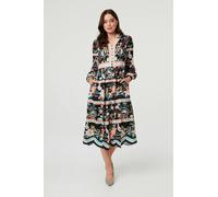 Izabel London Women's Floral Long Sleeve Buttoned Midi Dress in Black | Size: 16 Izabel London Black 16