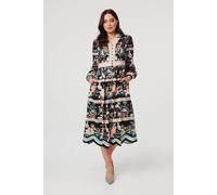 Izabel London Women's Floral Long Sleeve Buttoned Midi Dress in Black | Size: 14 Izabel London Black 14
