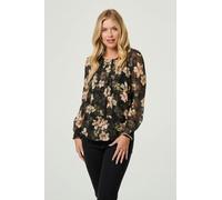 Izabel London Floral Long Sleeve Chiffon Layer Blouse for Women UK with Round Neck, Pleat Front and Hip Length.