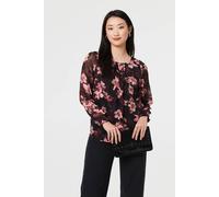 Izabel London Floral Long Sleeve Chiffon Layer Blouse for Women UK with Round Neck, Pleat Front and Hip Length.