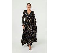 Izabel London Floral Long Sleeve Lace Trim Maxi Dress - 8 - Navy