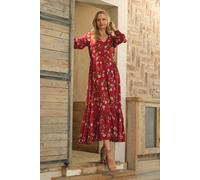 Izabel London Floral Long Sleeve Lace Trim Maxi Dress - 8 - Red