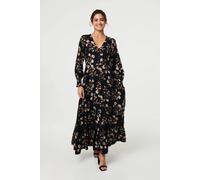 Izabel London Floral Long Sleeve Lace Trim Maxi Dress for Women UK with a v-Neck, Buttons and an a-line Shape. Navy