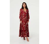 Izabel London Floral Long Sleeve Lace Trim Maxi Dress In Red Red 24
