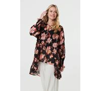 Izabel London Floral Long Sleeve Longline Tunic Blouse - Black - L