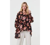 Izabel London Floral Long Sleeve Longline Tunic Blouse In Black Black L