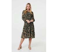 Izabel London Floral Long Sleeve Smocked Midi Dress - 8 - Black