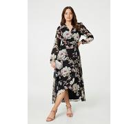 Izabel London Floral Long Sleeve Tie Waist Wrap Midi Dress - Black - 10