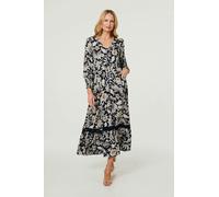 Izabel London Floral Long Sleeve Trim Maxi Dress - 14 - Navy
