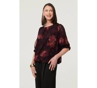 Izabel London Floral Mesh Layered 1/2 Sleeve Blouse In Burgundy Burgundy