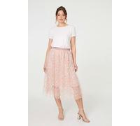 Izabel London Floral Mesh Layered Midi Skirt - Pink - L