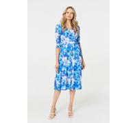 Izabel London Floral Mesh Pleated Faux Wrap Midi Dress - Blue - 14
