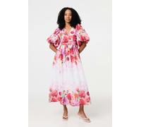 Izabel London Floral Print 1/2 Angel Sleeve Midi Dress - White - 14