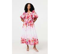 Izabel London Floral Print 1/2 Angel Sleeve Midi Dress - White - 8