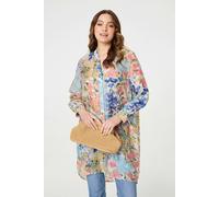 Izabel London Floral Print Longline Semi Sheer Shirt for Women UK with a Knee Length Longline fit and Buttons. Blue