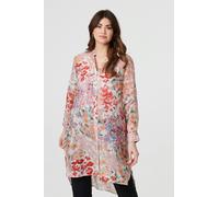 Izabel London Floral Print Longline Semi Sheer Shirt for Women UK with a Knee Length Longline fit and Buttons. Pink
