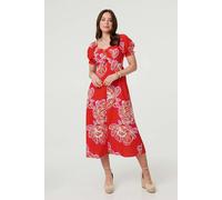 Izabel London Floral Puff Sleeve A-Line Midi Dress for Women UK with a Sweetheart Neckline and a tie Front. Red