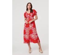 Izabel London Floral Puff Sleeve A-Line Midi Dress for Women UK with a Sweetheart Neckline and a tie Front. Red