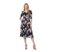 Izabel London Floral Ruched Midi Tea Dress for Women UK with a Pleated midi Skirt and 1/2 Sleeves.