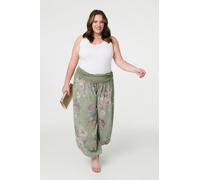 Izabel London Floral Ruched Waist Harem Trousers - Khaki - 16