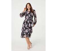 Izabel London Floral Semi Sheer Layered Hem Midi Dress for Women UK with Long Puff Sleeves and a Ruffled Hem. Black