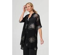 Izabel London Floral Semi Sheer Longline Tunic Shirt For Women UK with long sleeves and front buttons. Black