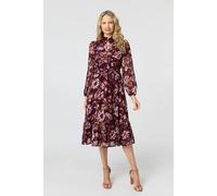 Izabel London Floral Semi Sheer Mesh Layer Midi Dress - 12 - Burgundy