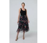 Izabel London Floral Semi Sheer Mesh Ruffled Midi Skirt - Black - 8/10