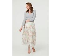 Izabel London Floral Semi Sheer Mesh Ruffled Midi Skirt - Cream - 12/14