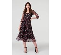 Izabel London Floral Semi Sheer Ruched Midi Dress In Black Black 12