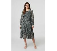 Izabel London Floral Semi Sheer Smocked Midi Dress - Olive - 10 - Olive