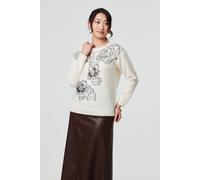 Izabel London Women's Floral Sequin Detail Long Sleeve Jumper in White | Size: Medium