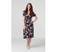 Izabel London Floral Shirred Detail Midi Dress - Navy - 12