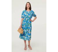 Izabel London Floral Shirred Puff Sleeve Midi Dress In Blue Blue