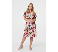 Izabel London Floral Short Puff Sleeve Midi Dress for Women UK with a Shirred Waist, a v-Neck and Buttons.