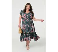 Izabel London Floral Short Sleeve Lace Trim Maxi Dress - Green - 8