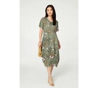 Izabel London Floral Short Sleeve Oversized Midi Dress - 8 - Khaki