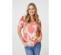 Izabel London Floral Short Sleeve Stud Trim Blouse - Orange - 12