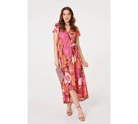 Izabel London Floral Short Sleeve Tie Waist Midi Dress In Pink Pink 12
