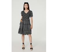 Izabel London Floral Short Sleeve Tiered Skater Dress - Black - 12