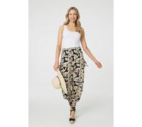 Izabel London Floral Tassel Tie Pocket Harem Pants In Black Black