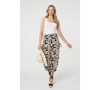 Izabel London Floral Tassel Tie Pocket Harem Pants In Black Black 16
