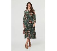 Izabel London Floral Tiered Long Sleeve Midi Dress - 18 - Green