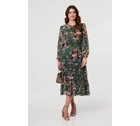 Izabel London Floral Tiered Long Sleeve Midi Dress In Green Green