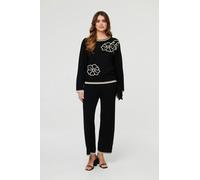 Izabel London Floral Trim Jumper & Trousers Co-Ord Set - Black - M