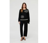 Izabel London Floral Trim Jumper & Trousers Co-Ord Set - Black - S