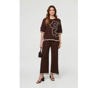 Izabel London Floral Trim Top & Trousers Co-Ord Set - Brown - Brown - M