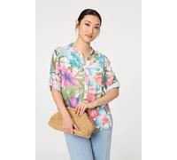 Izabel London Floral Turn-Up Sleeve Relaxed Blouse In White White