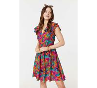 Izabel London Floral V-Neck Frilled Sleeve Short Dress - Pink - 18